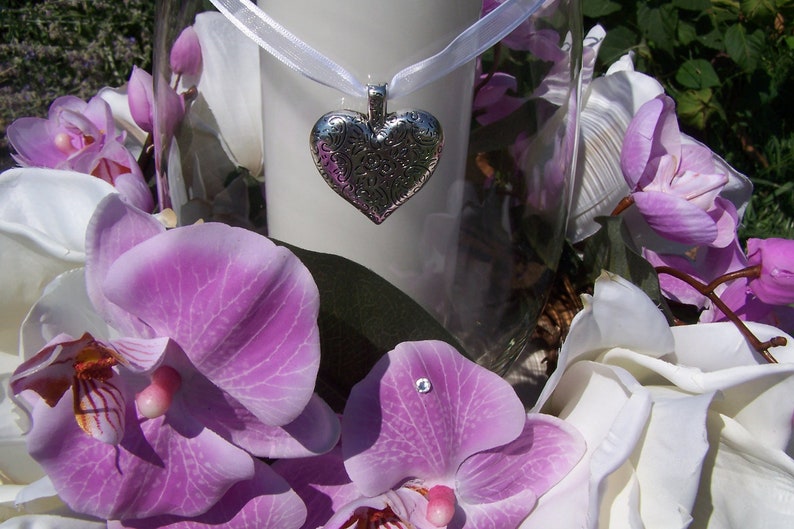 Personalized wedding candle ring with silver heart and purple orchids