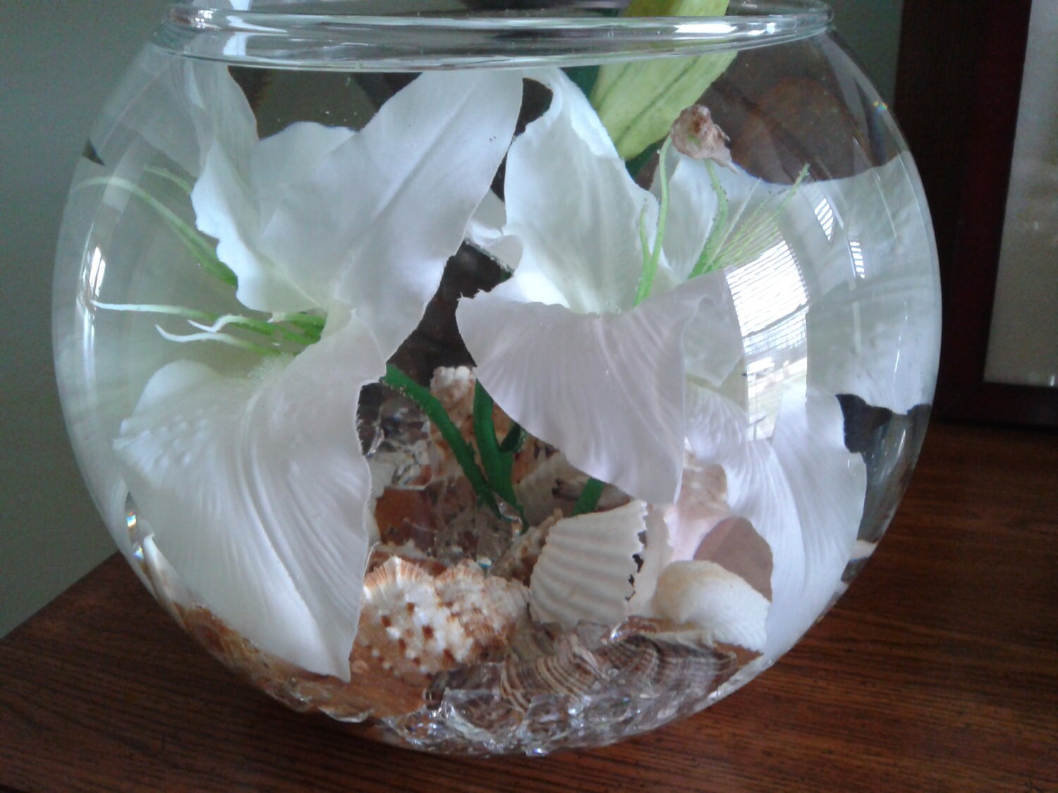 Large vase bowl centerpiece with pure white lillies shells Etsy