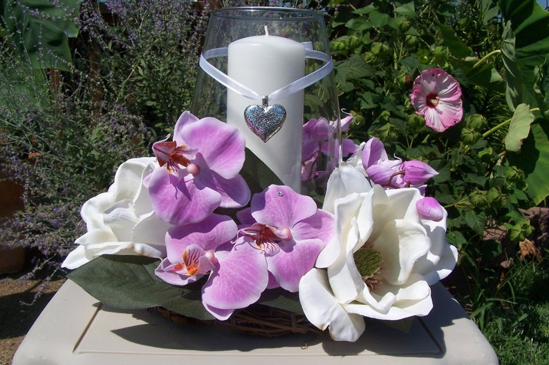 Personalized wedding candle ring with silver heart and purple orchids