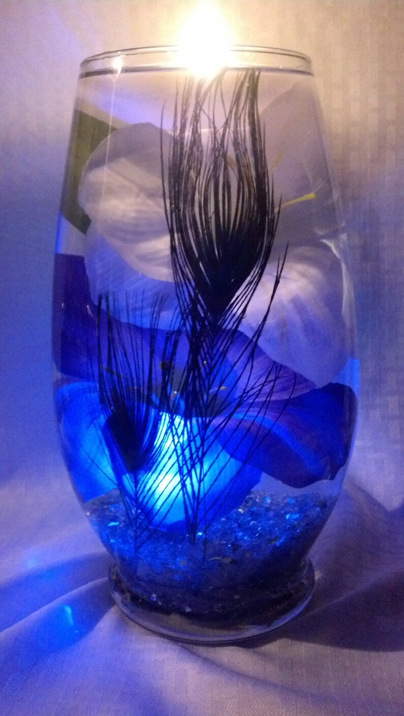 Tall Glass Vase With Purple and White Hibiscus and Peacock Etsy