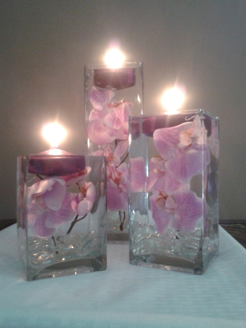 A Set of Three Square Vases With Purple Orchids Floating in Etsy