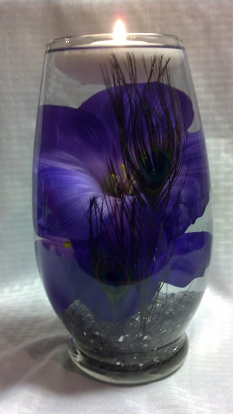 Tall Glass Vase With Purple and White Hibiscus and Peacock Etsy
