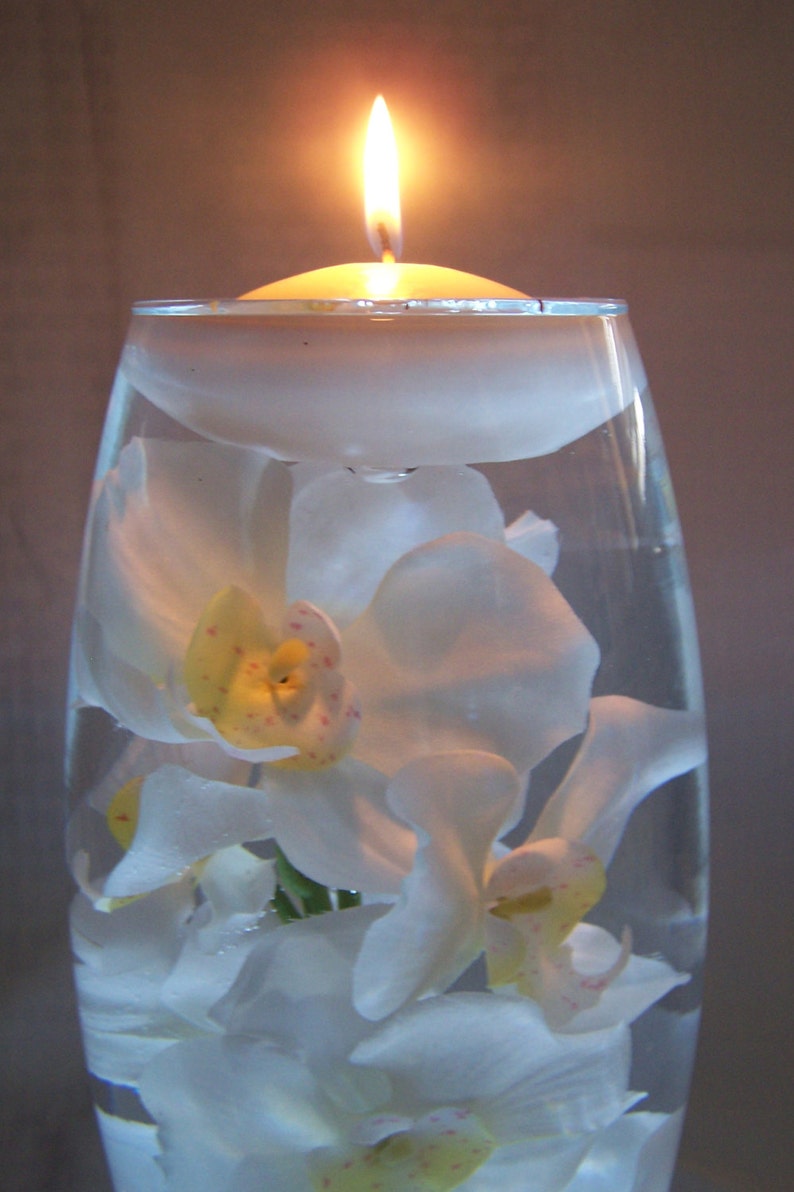 White orchids in water all in a 12 inch vase which sits on