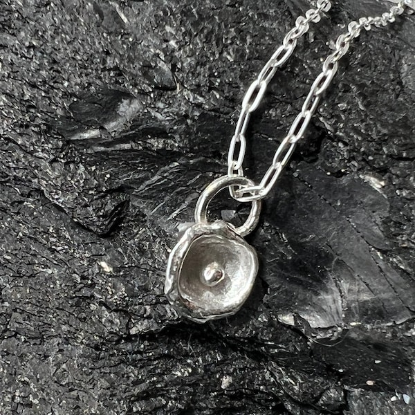 Tiny molten sterling silver handmade necklace. Organic water-cast "oyster shell" necklace. 925 silver 18" chain. Recycled silver jewelry.