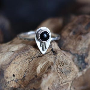 Black Onyx Sterling Silver Ring Size 8. Art Deco inspired Teardrop stacking ring. Handmade gemstone ring. Packaged ready to gift.