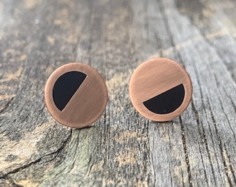 Copper Stud Earrings, Handmade Jewelry, Geometric Patina Design, Sensitive Ears