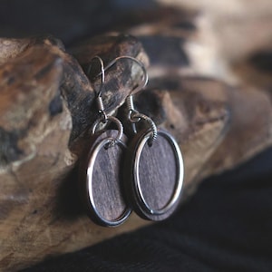 Wooden earrings with silver hoops.  Silver ear-wires great for sensitive ears. Ready to ship! Packaged to gift.