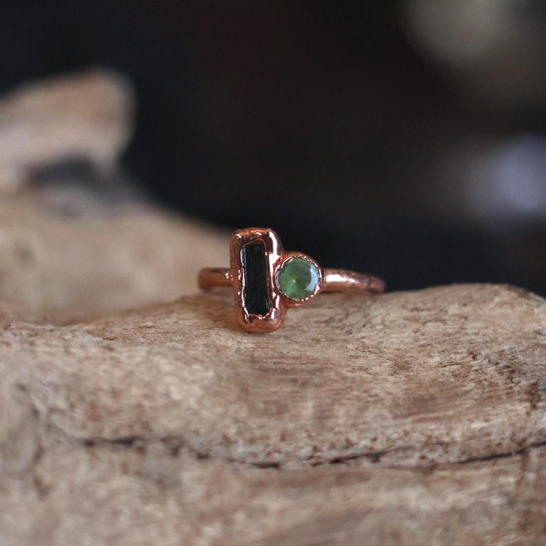 Raw Tourmaline Peridot Copper Ring, Size 4, August Birthstone Jewelry image 1