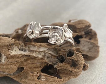 Organic silver stacking ring. Handmade water-cast "Oyster shell with pearl" ring. Unique one-of-a-kind ring. Packaged ready to gift.