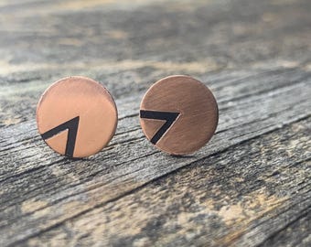 Etched Copper Stud Earrings, Handmade Geometric Design, Sensitive Ears