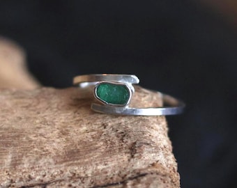 Handmade Raw Emerald Silver Ring, May Birthstone, Size 7.5
