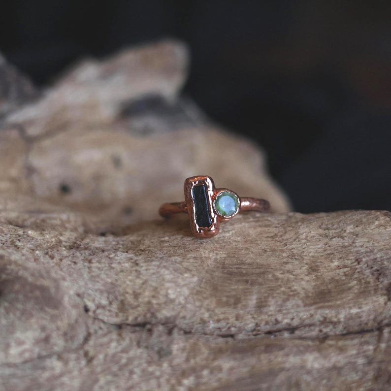 Raw Tourmaline Peridot Copper Ring, Size 4, August Birthstone Jewelry image 2