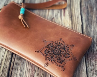 Boho Leather Wristlet Wallet, Laser Etched, Iphone Wristlet, Leather Clutch, Leather Zippered Pouch, Leather Bag