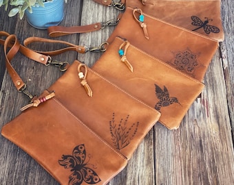 Choose your design, Boho Leather Wristlet Wallet, Laser Etched, Leather Clutch, Leather Zippered Pouch, Leather Bag