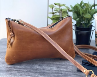 Small Leather Crossbody bag, Convertible Leather Clutch, Leather Zippered Pouch, Leather Purse, Leather Messenger, Personalized Monogram