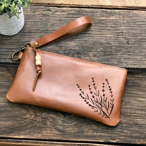 Wildflower Leather Wristlet Wallet, Laser Etched, iPhone Wristlet, Leather Clutch, Leather Zippered Pouch, Leather Bag image 2