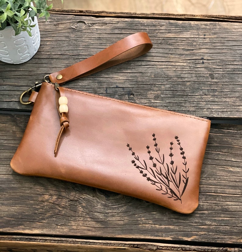 Wildflower Leather Wristlet Wallet, Laser Etched, iPhone Wristlet, Leather Clutch, Leather Zippered Pouch, Leather Bag image 2