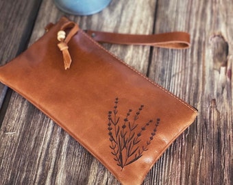 Wildflower Leather Wristlet Wallet, Laser Etched, Iphone Wristlet, Leather Clutch, Leather Zippered Pouch, Leather Bag