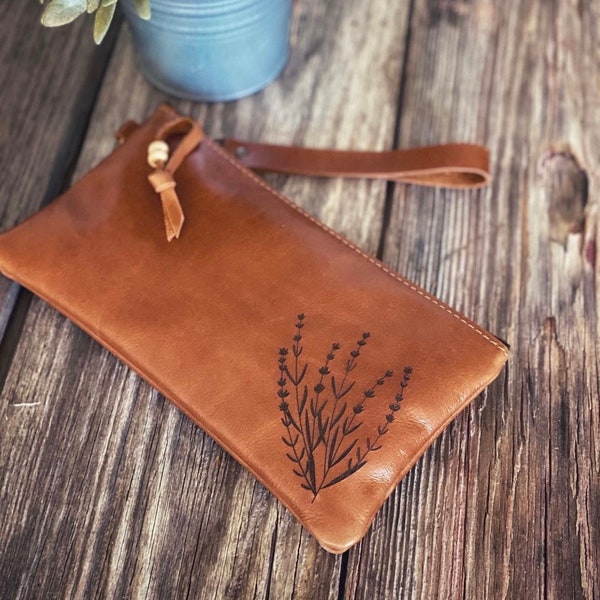 Wildflower Leather Wristlet Wallet, Laser Etched, Iphone Wristlet, Leather Clutch, Leather Zippered Pouch, Leather Bag