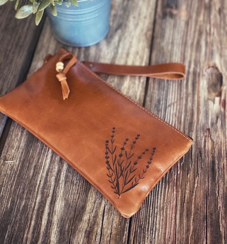 Wildflower Leather Wristlet Wallet, Laser Etched, iPhone Wristlet, Leather Clutch, Leather Zippered Pouch, Leather Bag image 1