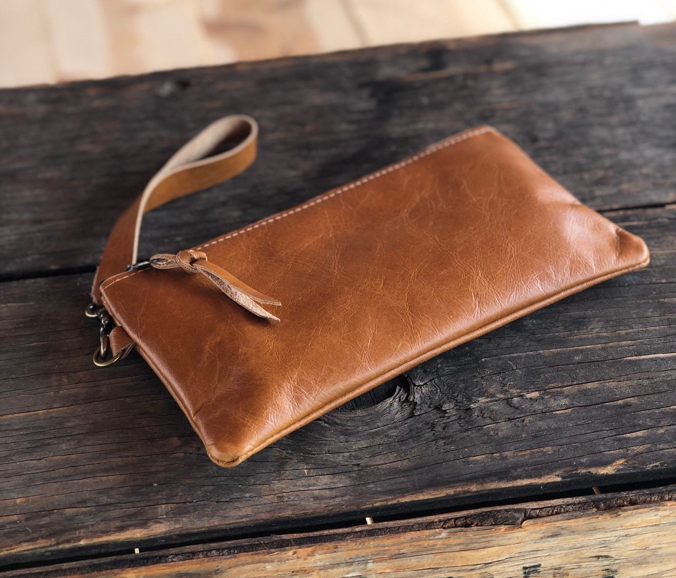 Leather Wristlet Wallet, Iphone Wristlet, Smartphone Wristlet, Leather Clutch, Leather Zippered Pouch, Leather Bag, Personalized Monogram