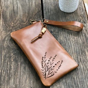 Wildflower Leather Wristlet Wallet, Laser Etched, iPhone Wristlet, Leather Clutch, Leather Zippered Pouch, Leather Bag image 3