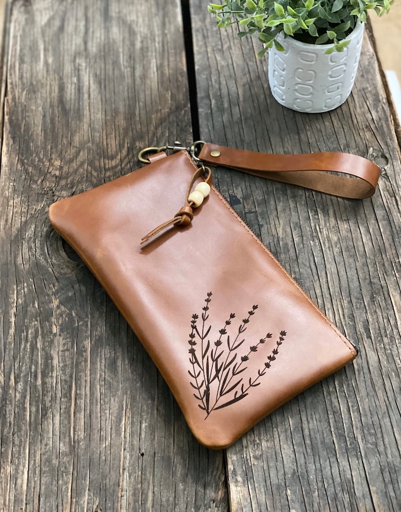 Wildflower Leather Wristlet Wallet, Laser Etched, iPhone Wristlet, Leather Clutch, Leather Zippered Pouch, Leather Bag image 3