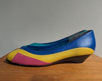 Colourful vintage 80s slip-on peep-toe kitten heels size 4