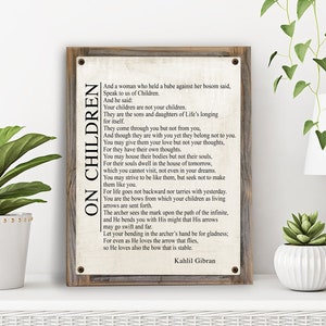 On Children Poem on Metal Print on Reclaimed Wood Frame-Kahlil Gibran Poetry Wall Art-New Parent Poem Wall Decor-Baby Shower Gift