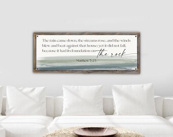 Built on the Rock Metal Print on Reclaimed Wood Frame – Matthew 7:25 Scripture Wall Art – Christian Home Decor – Rustic Bible Verse Sign