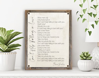 Can't Help Falling In Love Lyrics on Metal Print on Reclaimed Wood Frame-Elvis Presley Song Lyric Wall Art-Wedding Song Wall Art-Anniversary