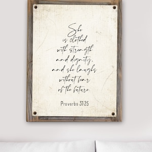 Proverbs Woman Metal Print on Reclaimed Wood Frame-Proverbs 31-25-Scripture Wall Art-Clothed with dignity-Mothers Day Gift-Christian Woman image 1