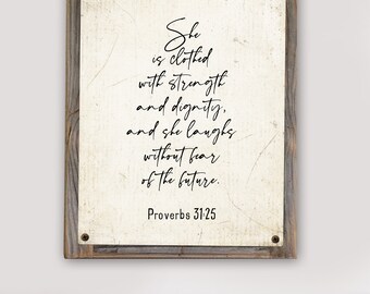 Proverbs Woman Metal Print on Reclaimed Wood Frame-Proverbs 31-25-Scripture Wall Art-Clothed with dignity-Mothers Day Gift-Christian Woman