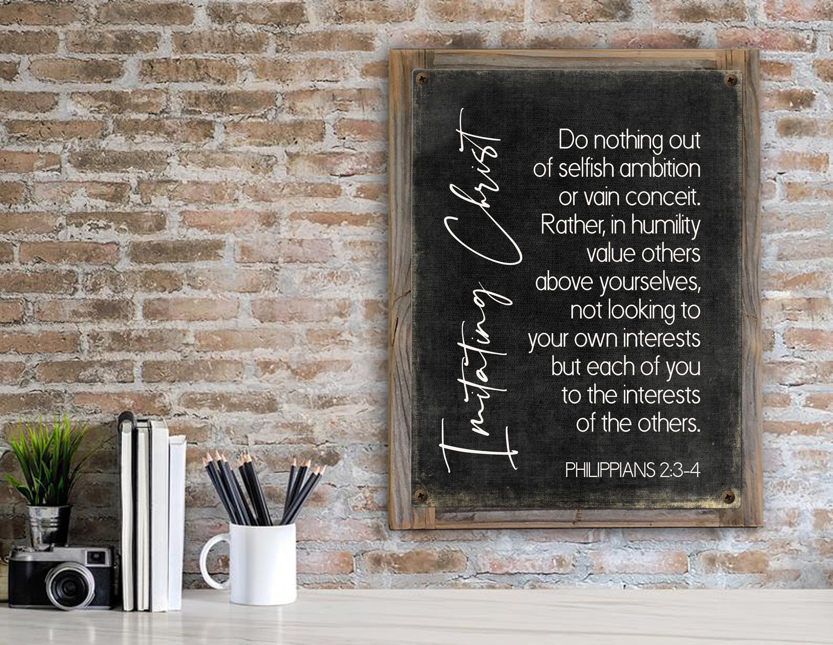 Imitating Christ Bible Verse Metal Print on Reclaimed Wood Frame