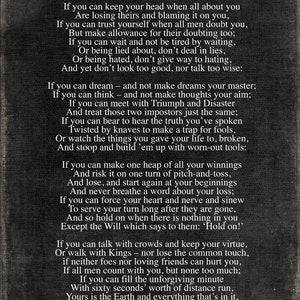 May include: A black and white image of a poem titled "IF" by Rudyard Kipling. The poem is printed in a vintage style font on a dark background. The poem is about the qualities of a strong and resilient person.