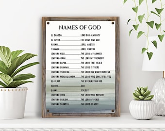 Names Of God Vintage Metal Print Mounted on Reclaimed Wood Frame-Christian Gift Idea-Rustic Bible Sign-Shalom-Jehovah