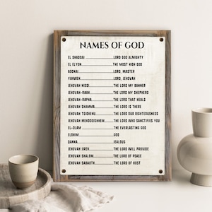 Names Of God Vintage Metal Print Mounted on Reclaimed Wood Frame-Christian Gift Idea-Rustic Bible Sign-Shalom-Jehovah
