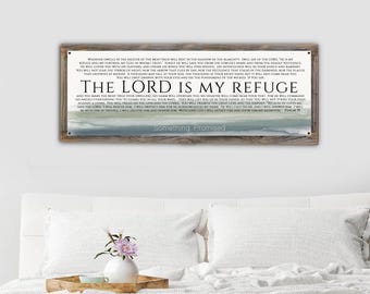 Psalm 91 Metal Print on Reclaimed Wood-The Lord Is My Refuge Scripture Wall Art-Rustic Christian Home Decor-Bible Verse Gift