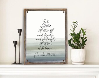 Proverbs Woman Metal Print on Reclaimed Wood Frame-Proverbs 31-25-Scripture Wall Art-Clothed with dignity-Mothers Day Gift-Christian Woman
