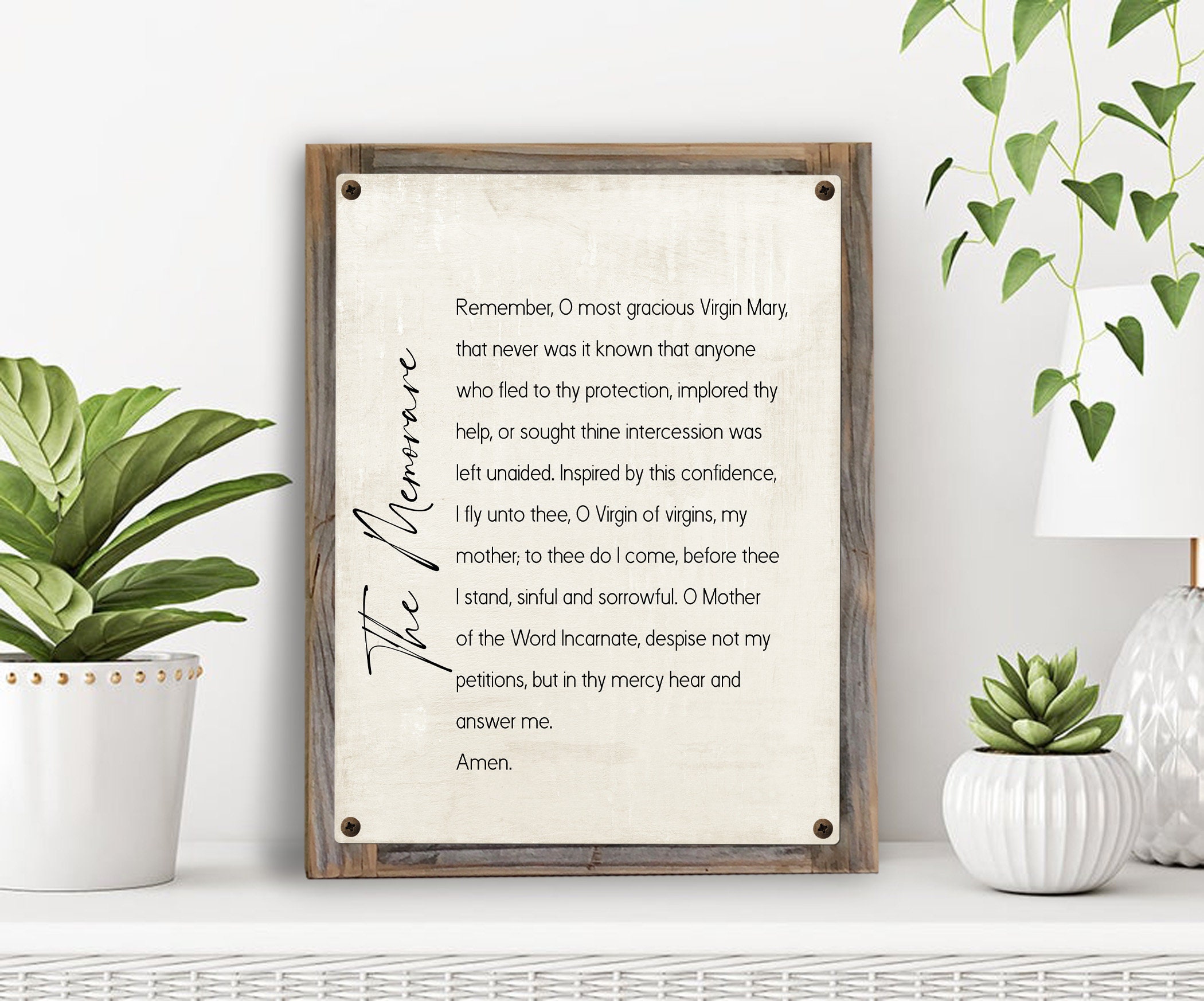 The Memorare Prayer Metal Print on Reclaimed Wood Frame-rustic