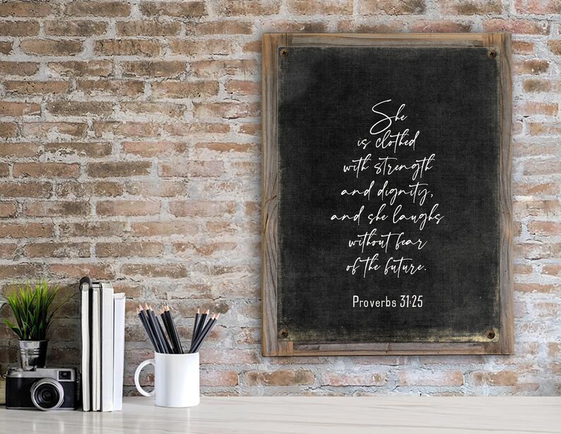 Proverbs Woman Metal Print on Reclaimed Wood Frame-Proverbs 31-25-Scripture Wall Art-Clothed with dignity-Mothers Day Gift-Christian Woman image 3