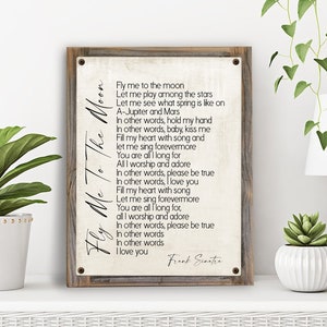 Fly Me To The Moon Lyrics on Metal Print on Reclaimed Wooden Frame-Frank Sinatra Song Lyrics Wall Decor-Frank Sinatra Wall Art-Farmhouse