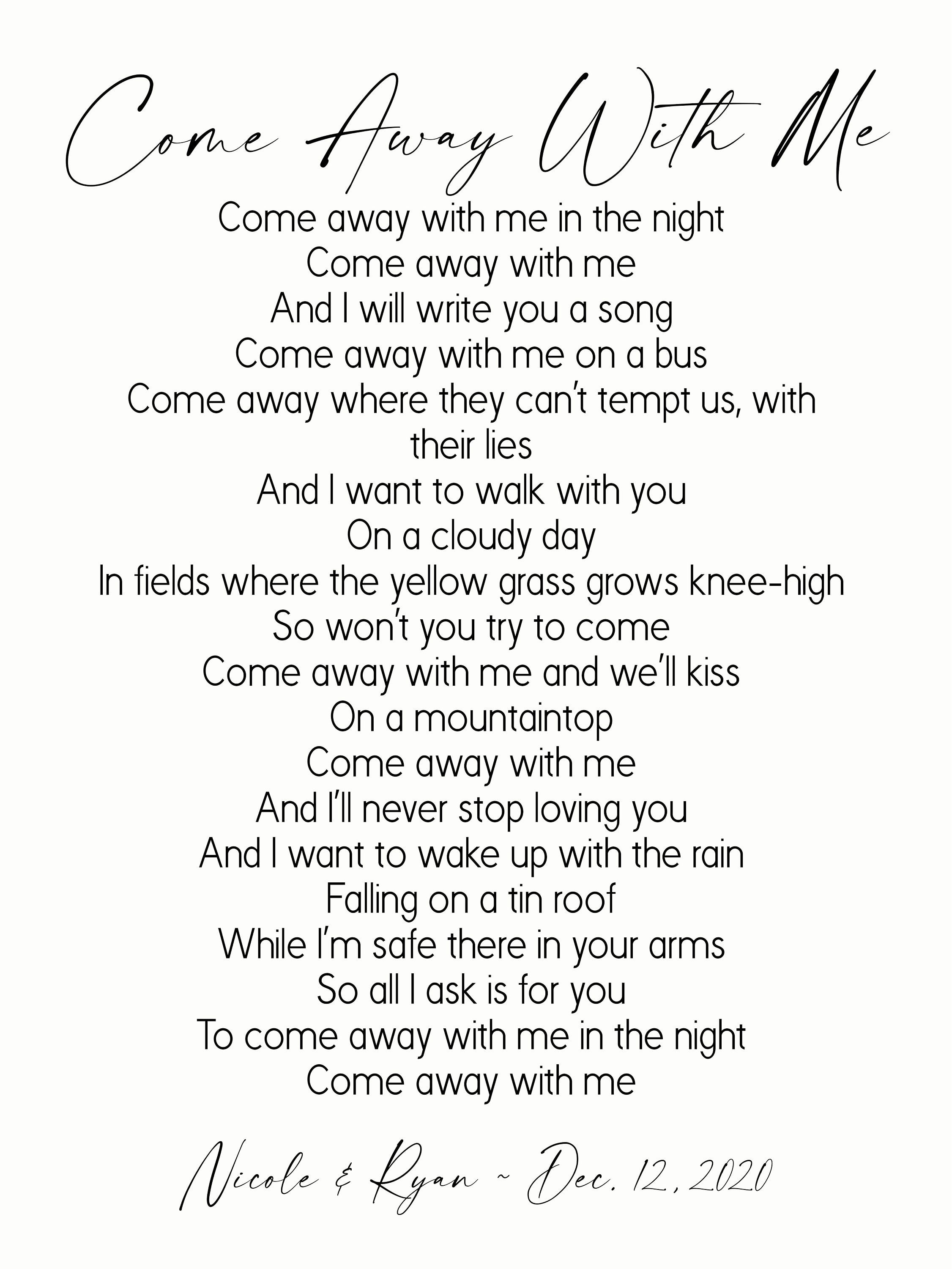 Come Away With Me Lyrics on Metal Print on Reclaimed Wood Etsy UK Come Away With Me Lyrics on Metal Print on Reclaimed Wood Etsy UK