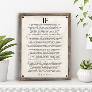 May include: A framed print of a poem titled "If" by Rudyard Kipling. The poem is printed on a cream-colored background with black text. The frame is a dark wood color.