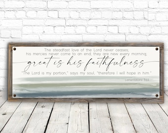 Great Is His Faithfulness Metal Print on Reclaimed Wood Frame-Lamentations 3:23 Scripture Wall Art-Above Couch Wall Art