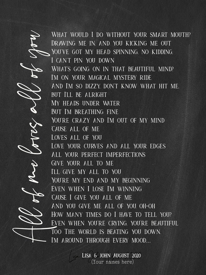 All of Me Loves All of You Song Lyrics on Metal Print on Etsy
