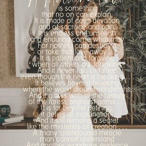May include: A mother and child embrace in a loving hug. The image is accompanied by a text overlay that reads "A Mother's Love is something that no one can explain. It is made of deep devotion and of sacrifice and pain. It is endless and unselfish and enduring come what may. For nothing can destroy it or take that love away. It is patient and forgiving when all others are forsaking. And it never fails or falters even though the heart is breaking... It believes beyond believing when the world around condemns, And it glows with all the beauty of the rarest, brightest gems. It is far beyond defining, it defies all explanation, And it still remains a secret like the mysteries of creation. A many splendoured miracle man cannot understand. And another wondrous evidence of God's tender guiding hand."