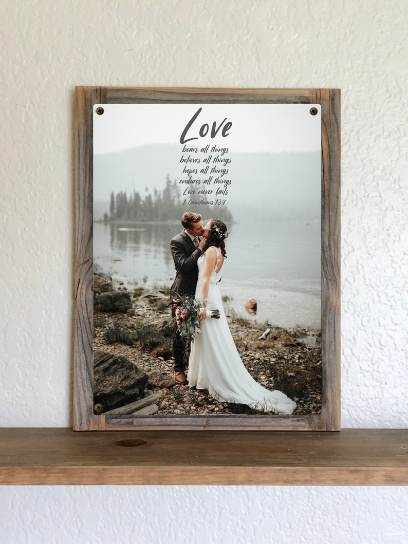 Custom Metal Wedding Photo Art-Metal Photo Art Reclaimed Wood Frame-Scripture on photo-anniversary gift-Wedding gift couple unique image 3