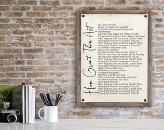 How Great Thou Art Metal Print on Reclaimed Wood Frame-Hymn Wall Art-Rustic Bible Art-Worship Song Art