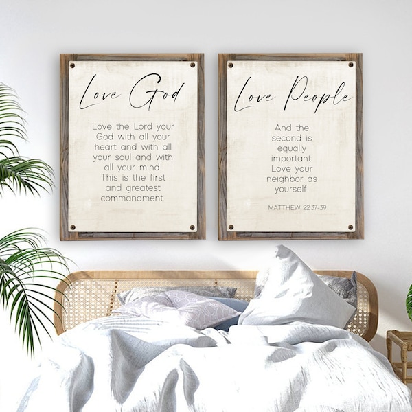 Love God & Love Your Neighbor-Set of 2 Metal Print-Reclaimed Wood Frame-Scripture Wall Art-Great Commands-Matthew 22:37-39